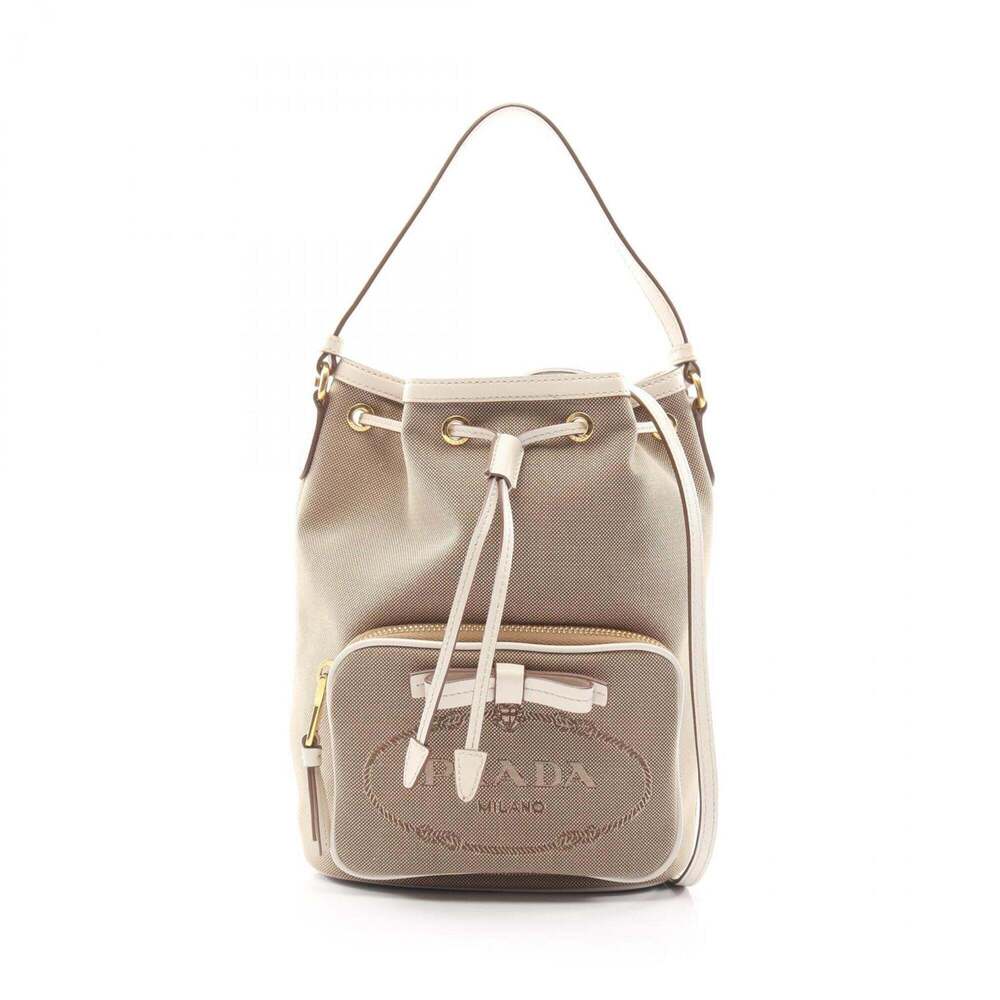 Prada LOGO JACQUARD 2-way handbag, canvas and leather, women's, beige, white,...